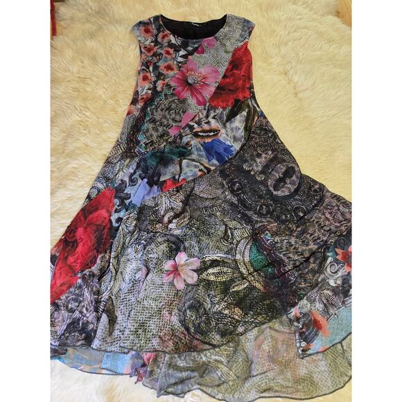 Desigual Mesh Lined Floral Colorful Dress Small cap sleeve stretch - Picture 1 of 12